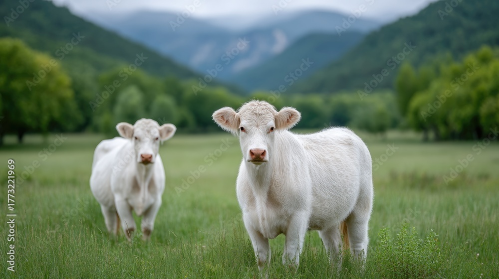 Fototapeta premium Two Fluffy White Calves Standing in a Vibrant Green Pasture Surrounded by Rolling Hills Under a Cloudy Sky