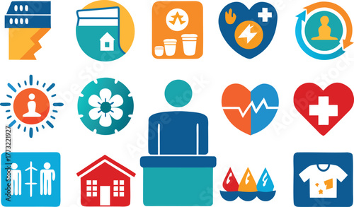 Colorful icon set illustrating diverse concepts for modern designs, business, nature, health and lifestyle, perfect for websites and apps