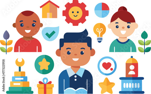 Engaging colorful cartoon icons set for playful design projects, bringing a sense of joy and creativity to educational materials and children's content