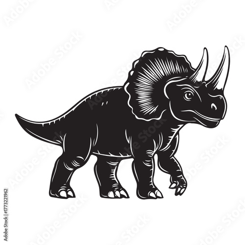 Black silhouette Triceratops dinosaur with three horns, large frill, prehistoric animal illustration, Jurassic wildlife, vector graphic, isolated design, ancient creature profile, fossil era