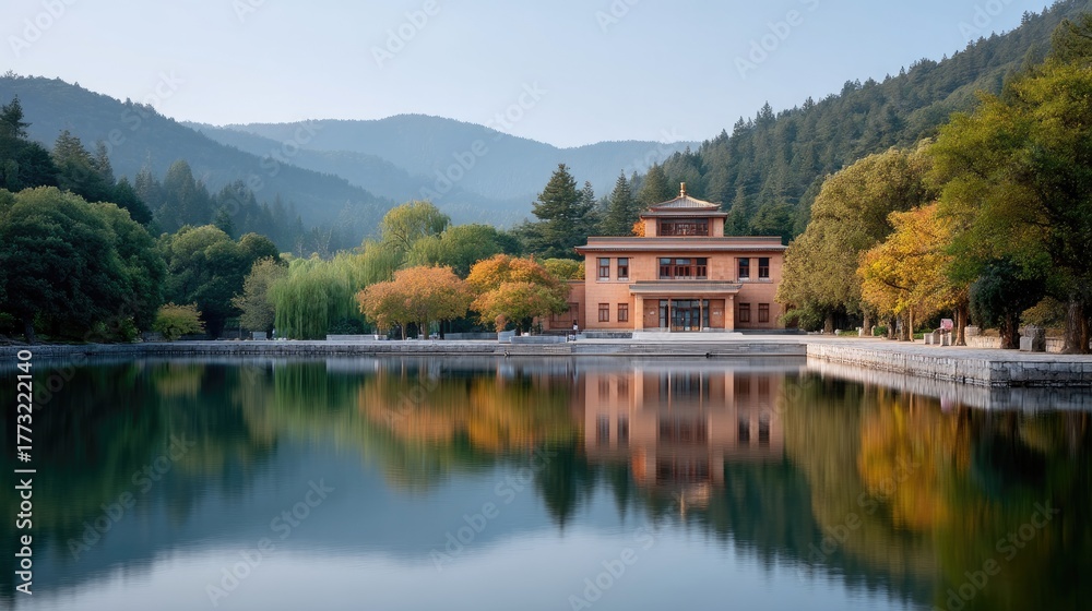 Fototapeta premium Serene Tibetan Style Palace Reflecting In A Calm Lake Surrounded By Lush Green Trees And Rolling Mountains Under Clear Daylight Sky