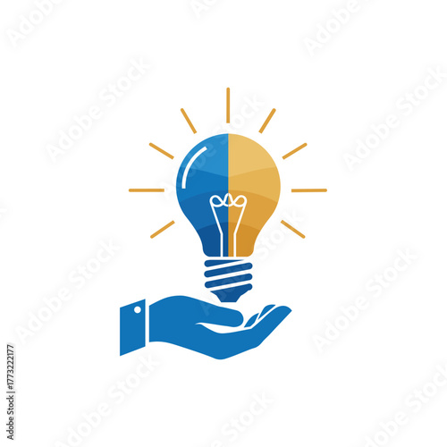 Blue and yellow light bulb held in a blue hand