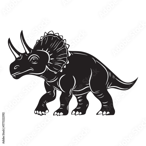 Black silhouette Triceratops dinosaur with three horns, large frill, prehistoric animal illustration, Jurassic wildlife, vector graphic, isolated design, ancient creature profile, fossil era