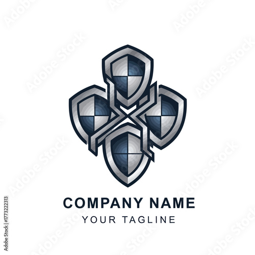 Shield emblem logo design representing security and protection for company.