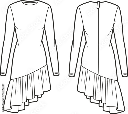 Asymmetrical hem dress fashion template, CAD garment drawing, flat vector illustration, pleated cascade design, long sleeve sketch, fitted bodice clothing outline