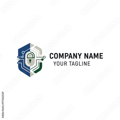 Cybersecurity logo design with a digital lock and circuit board elements.