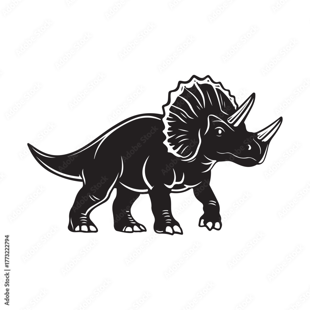 Fototapeta premium Black silhouette Triceratops dinosaur with three horns, large frill, prehistoric animal illustration, Jurassic wildlife, vector graphic, isolated design, ancient creature profile, fossil era