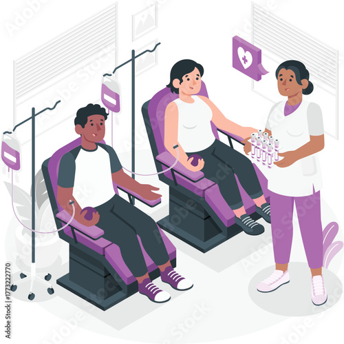 Diverse people donating blood in medical chairs with nurse holding test tubes blood donation