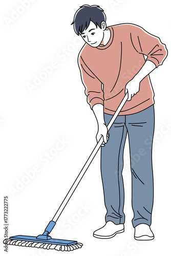 モップで床掃除をする男性01
