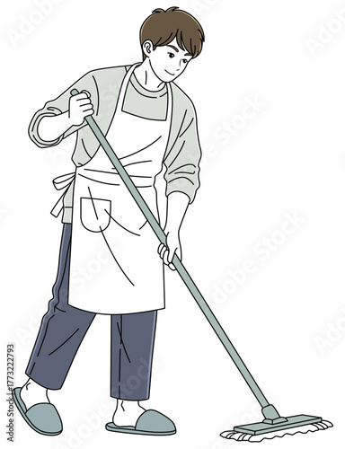 モップで床掃除をする男性02