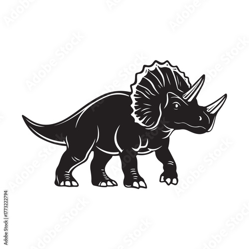 Black silhouette Triceratops dinosaur with three horns, large frill, prehistoric animal illustration, Jurassic wildlife, vector graphic, isolated design, ancient creature profile, fossil era
