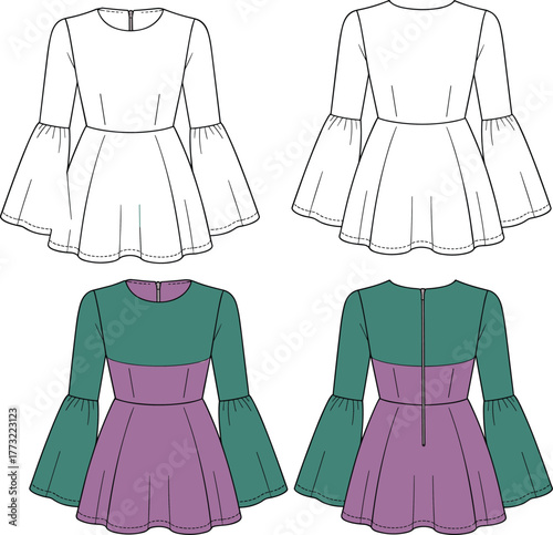 Bell sleeve dress design, long sleeve fashion illustration, CAD garment template, flat vector drawing, fitted bodice, flared skirt, color block