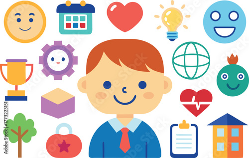 Engaging cartoon boy with diverse icons, ideal for educational materials or cheerful branding projects, perfect for a youthful and optimistic feel