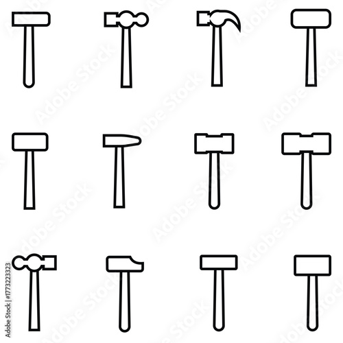 Hammer and Nail Icon Set – Construction, Repair, Carpenter, and Building Tools Vector Icons for Web and Industry Design