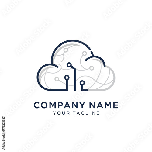 Technology cloud logo with digital circuit board lines.