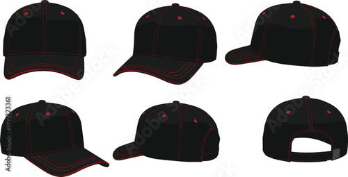 Black baseball cap with red stitching, six angle views, adjustable strap, curved brim, detailed panel design, cad drawing flat vector illustration
