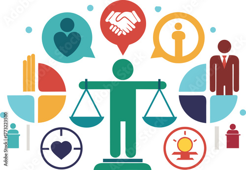 Fairness and Integrity in Business Ethics and Social Responsibility with colorful icon set displaying values and principles for corporate governance