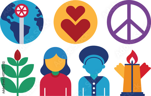 Promote global harmony with symbols of peace, love, and understanding for a better world future, featuring unity, empathy, and social responsibility