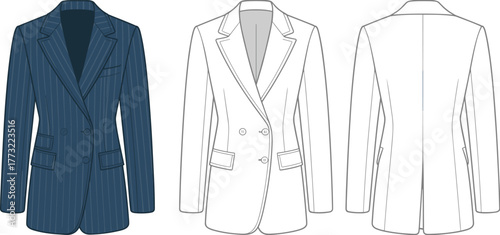 Blazer jacket fashion flat, CAD technical drawing, tailored coat illustration, women’s formal wear design, vector clothing template, garment sketch, pattern design