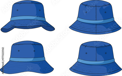 Blue bucket hat front and side view variations, wide brim design, casual summer fashion accessory, detailed stitching, cad drawing flat vector illustration