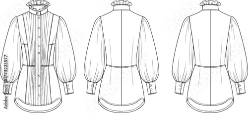 Blouse fashion flat sketch, vector technical drawing, ruffle collar shirt, long puff sleeves, button up top, women apparel design CAD illustration