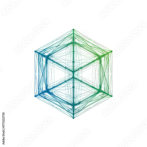 Abstract geometric cube with interconnected lines and vibrant color gradients.