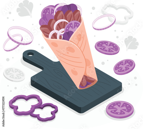 Doner kebab wrap on cutting board with ingredients shawarma food