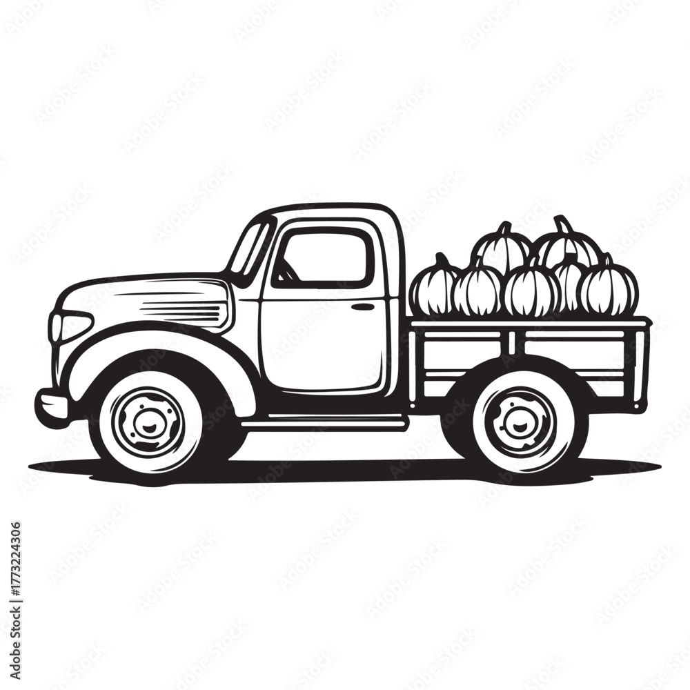 Fototapeta premium Old truck filled with pumpkins silhouette