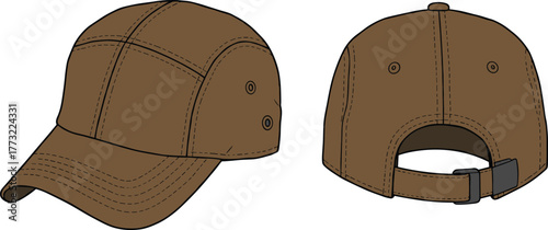 cad drawing flat vector illustration, baseball cap sketch, adjustable buckle strap design, curved brim hat template, sport fashion headwear