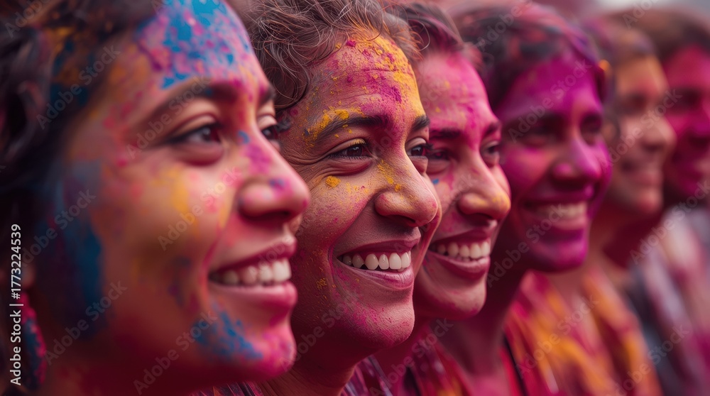 Obraz premium Joyful faces of women covered in vibrant colors during a hindu festival celebration