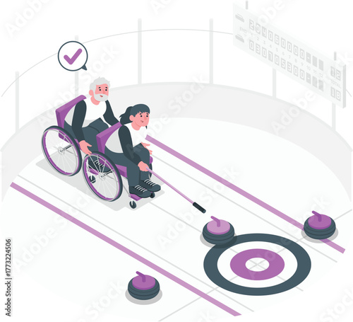 Elderly couple playing curling on ice rink sport seniors