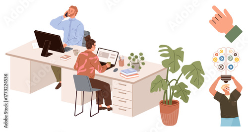 Office employees working at computers, communicating, surrounded by potted plants and a bulb symbolizing ideas. Ideal for collaboration, teamwork, brainstorming, innovation, creativity, productivity