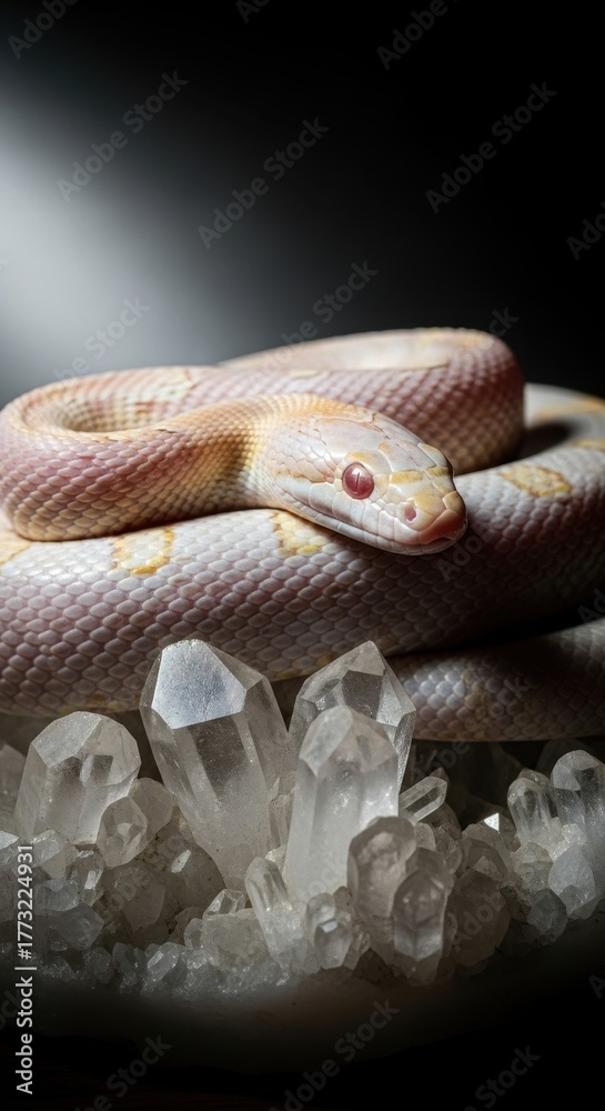 Fototapeta premium Elegant Albino Snake Coiled Among Sparkling Crystals Isolated On Transparent Background