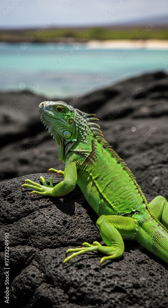 Fototapeta premium Vibrant Green Iguana Reptile Resting on Dark Volcanic Rock Near Tropical Ocean Waters