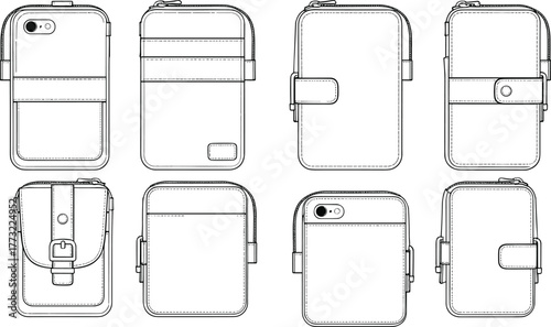 cad drawing flat vector illustration, mobile pouch design, phone case sketch, gadget accessory template, belt clip pouch, zipper closure mockup