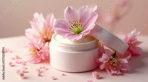 Wallpaper Mural Close up of a white jar of cream with the lid off surrounded by pink flowers and petals on a table 4k video Torontodigital.ca
