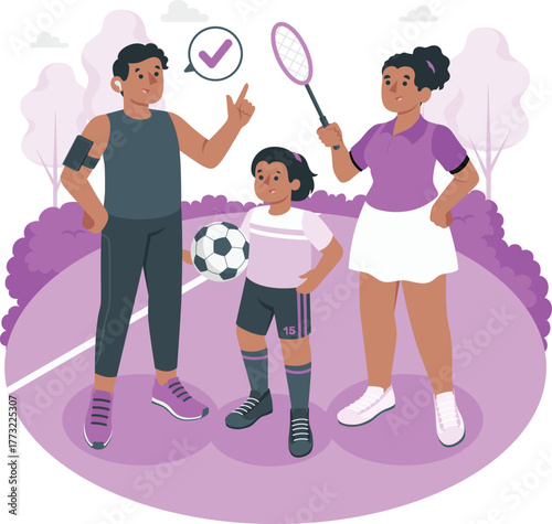 Family posing with sports equipment on a field parents child