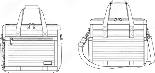 cad drawing flat vector illustration, technical bag sketch, travel backpack design, luggage accessory outline, fashion accessory template, cooler bag mockup