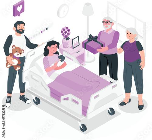 Family visits new mother and baby in hospital room with gifts newborn