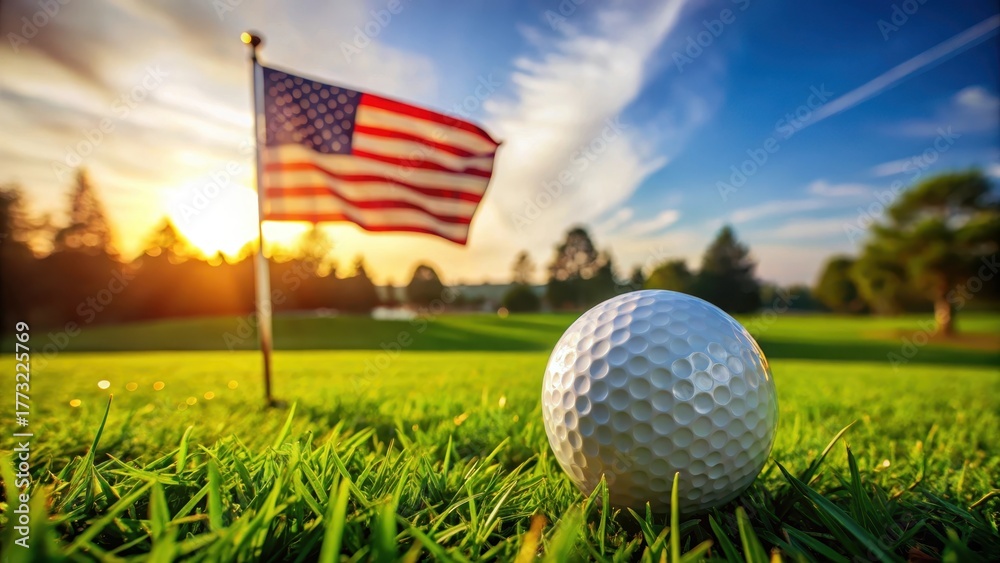 Obraz premium Close-up of a golf ball on lush green grass with a flag in the background on golf course