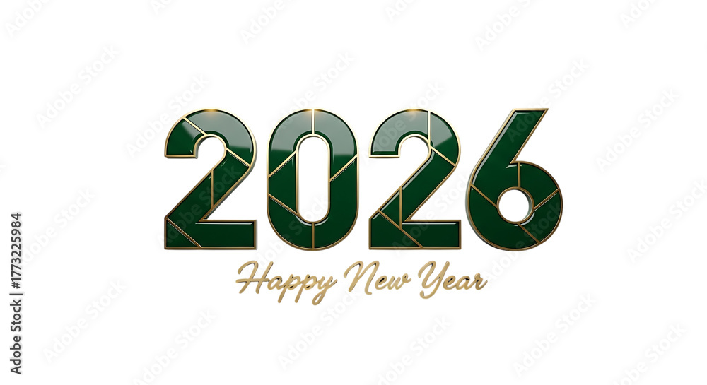 Fototapeta premium Happy new year 2026 text with a luxurious green and gold design, isolated on transparent background