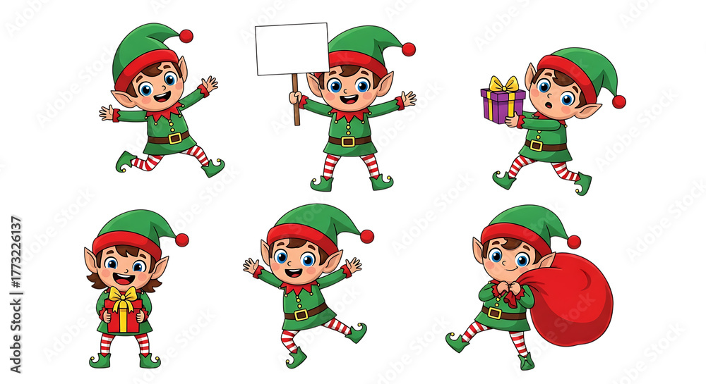 Naklejka premium Collection of six cute cartoon elves in green outfits and red hats, isolated on transparent background, holding gifts and a sack, perfect for christmas and holiday designs