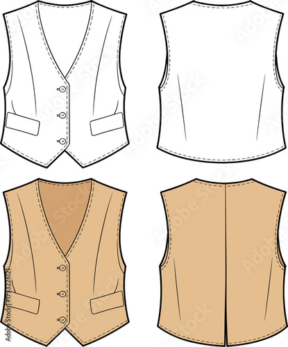 CAD flat sketch vector, tailored vest design, sleeveless waistcoat, button front, fashion flat illustration, menswear vest template, technical drawing