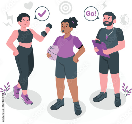 Fitness trainers and athlete celebrating success with icons training exercise