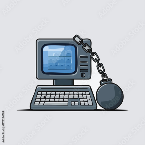 Legacy System Burden Chained Vintage Computer Illustration