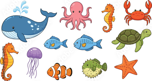 Cartoon ocean animals, cute marine creatures, underwater wildlife illustration, whale, turtle, octopus, crab, seahorse, jellyfish, clownfish, pufferfish, starfish, bubbles