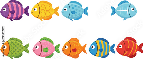 Cartoon tropical fish, colorful marine animals, cute underwater creatures, striped fish, spotted fish, skeleton fish, kids illustration, aquatic vector art
