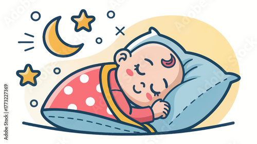 Baby sleeping peacefully under a blanket with night symbols