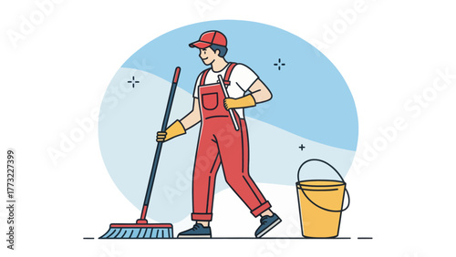 Cartoon cleaner with mop and bucket in cleaning service
