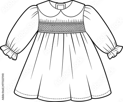 Children dress flat sketch, long sleeve vector, Peter Pan collar design, puff sleeve silhouette, smocked bodice illustration, vintage apparel template